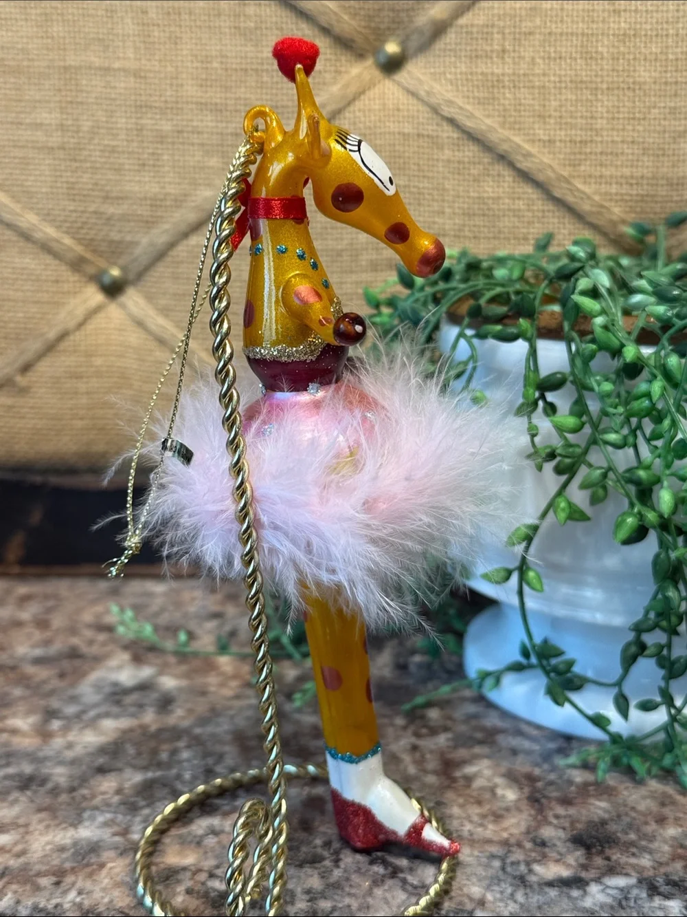 Gold and Pink Giraffe Ornament with Feather Skirt